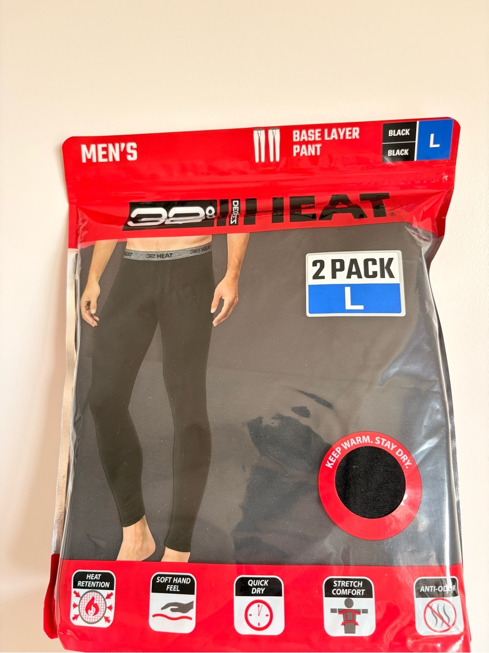 32 Degrees Men's Black Base Layer Pant - 2 Pack, L - Picture 1 of 2